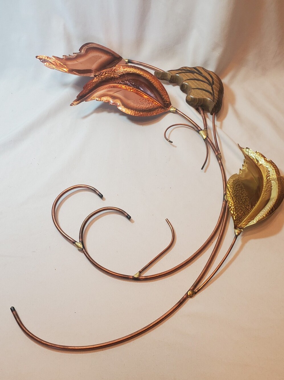 Metal & Wood Vintage Leaves Wall Hanging Brass & Copper MCM 19"T x 13"W x 2"